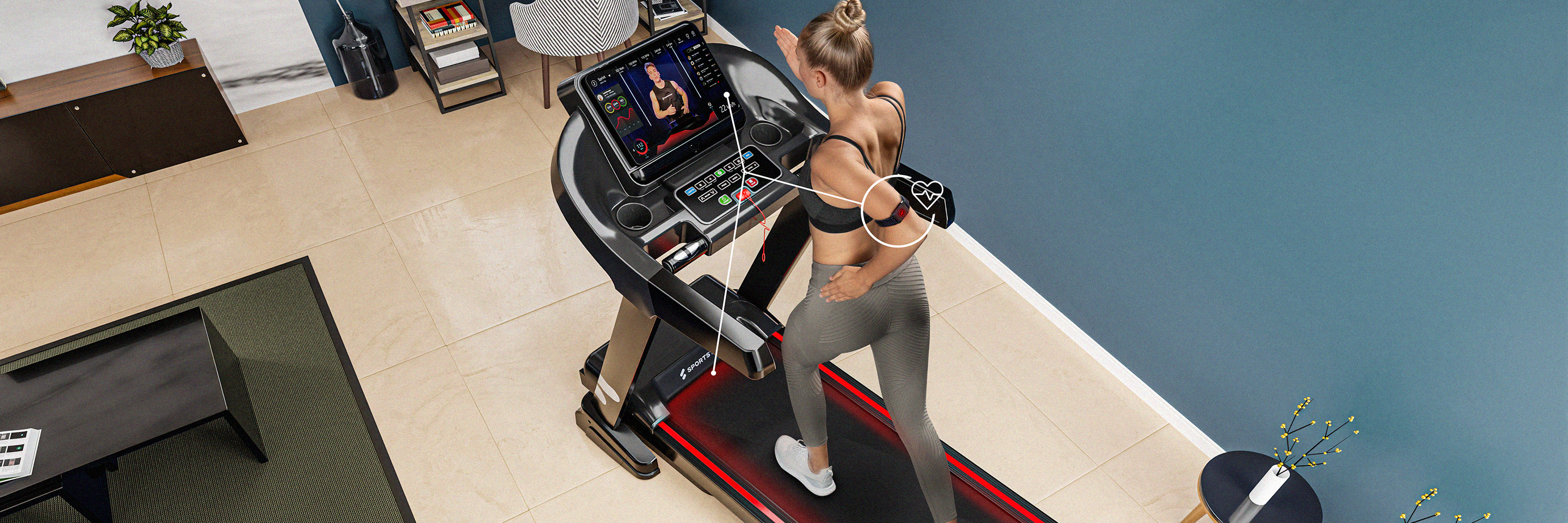 Tapis de course noir F10 Sportstech Femme en tenue de sport courant sur le tapis de course noir F10 dans le salon